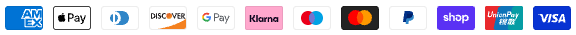 American Express, Apple Pay, Diners Club, Discover, Google Pay, Klarna, Maestro, Mastercard, PayPal, Shop Pay, Union Pay and Visa